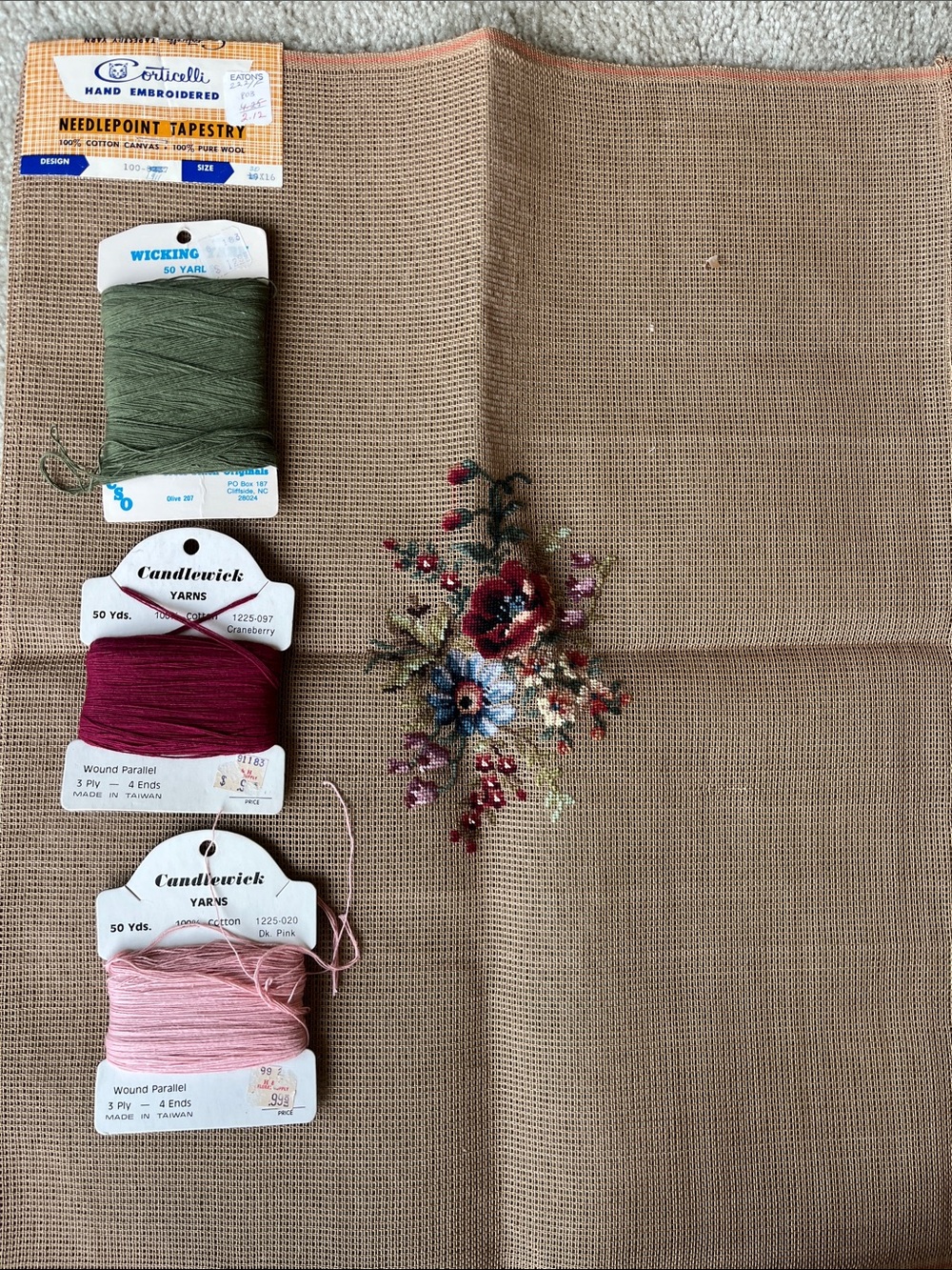 Candlewick Pink & Olive Embroidered Needlepoint Tapestry kit
